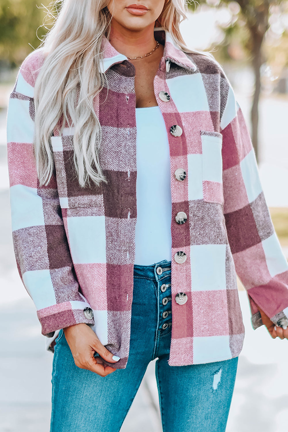 Khaki Plaid Color Block Buttoned Long Sleeve Jacket with Pocket