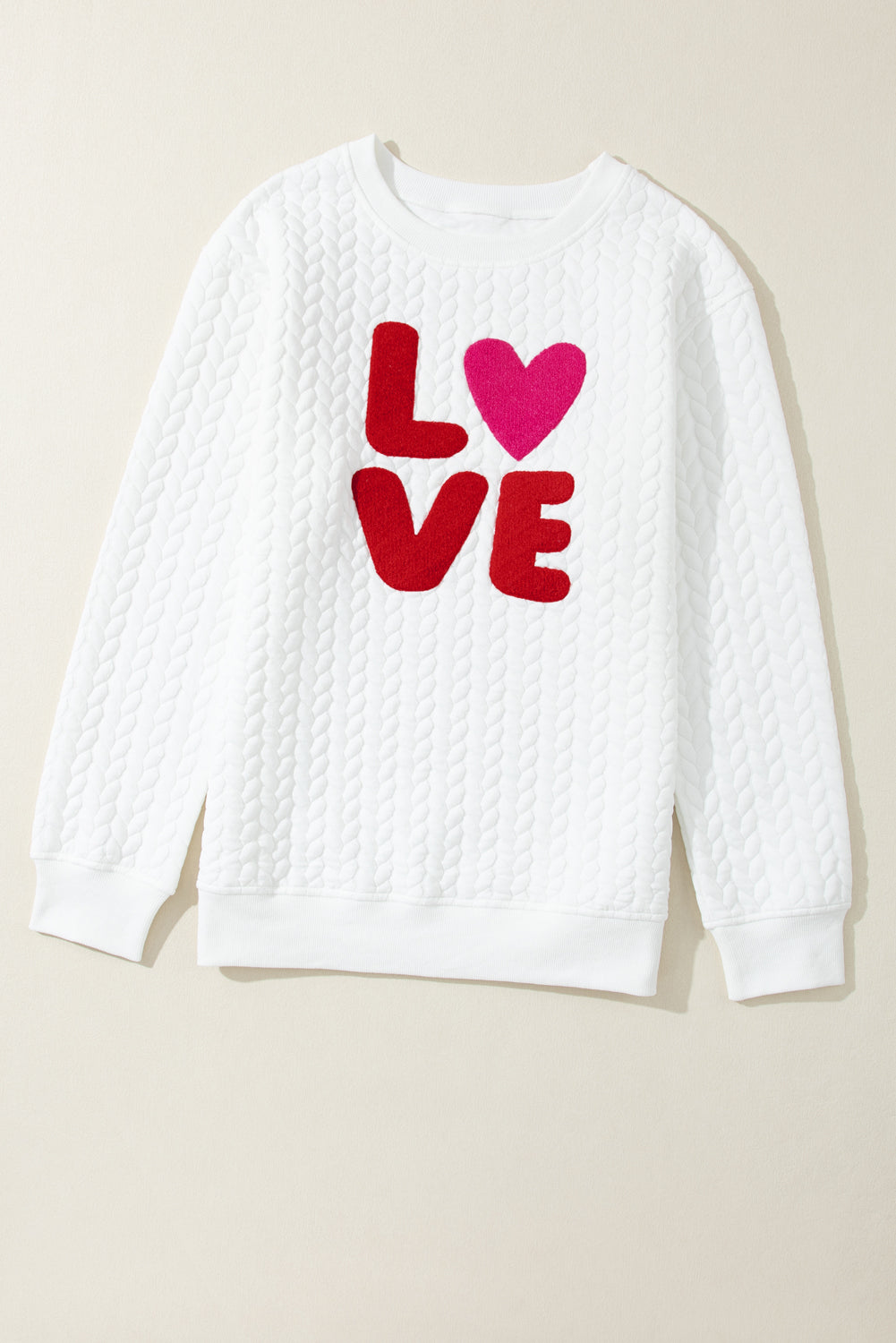 White LUCKY Chenille Embroidered Cable Knit Pullover Sweatshirt