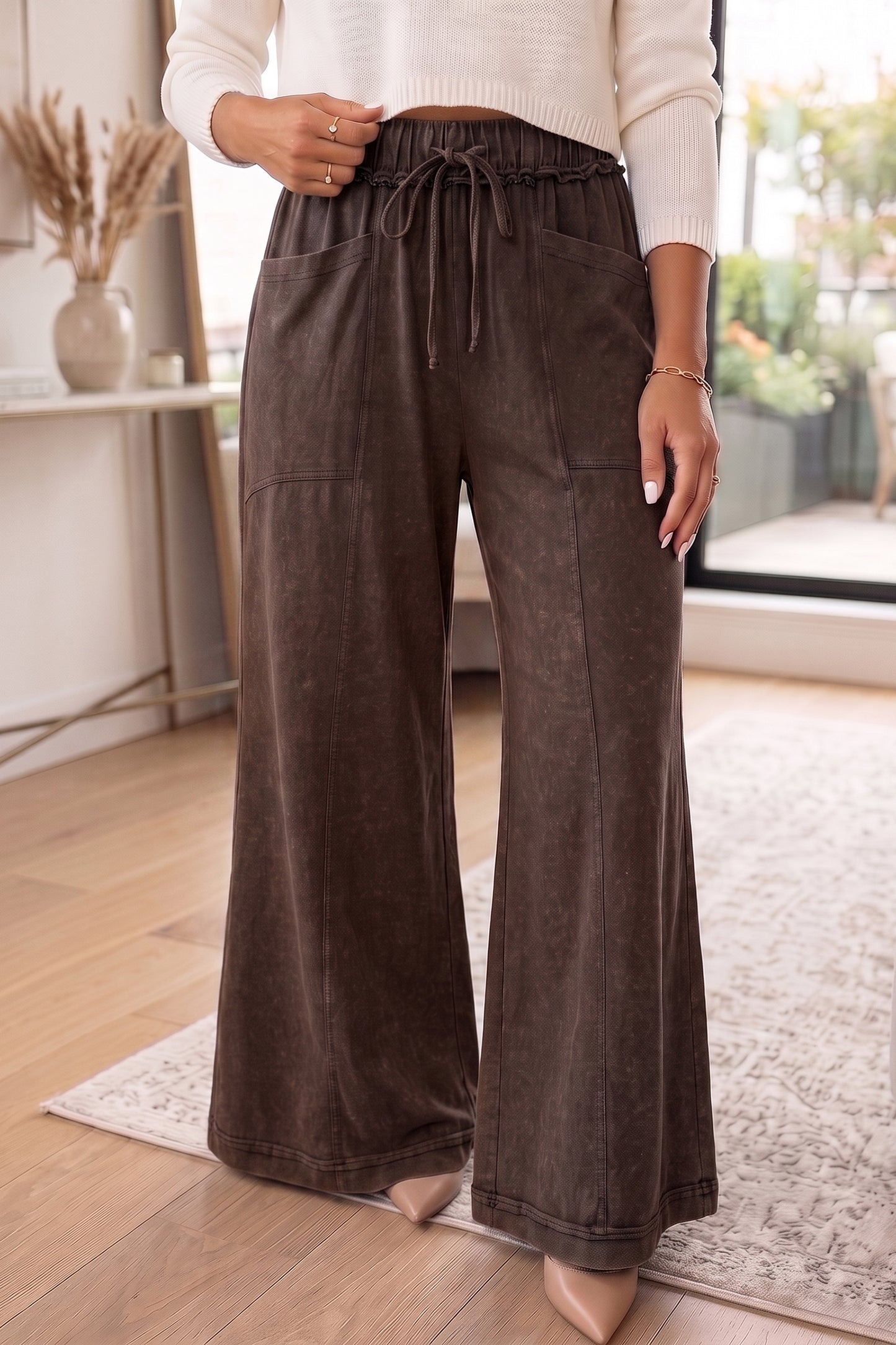 Ashleigh Blue Mineral Wash Seam Detail Flare Leg Drawstring Pants