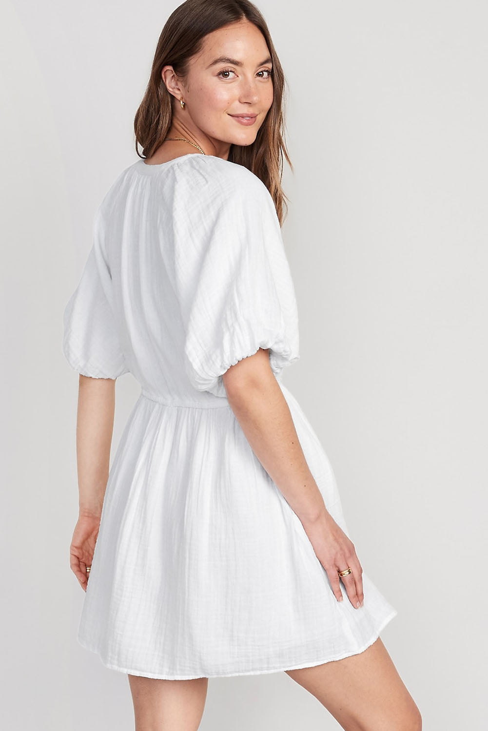 Puff Sleeve Drawstring Shirt Dress with Pockets