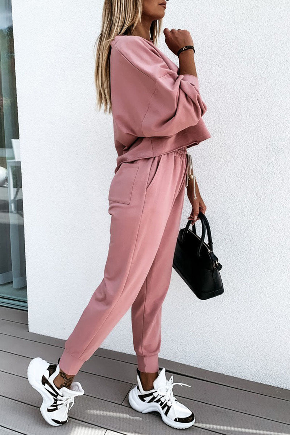 Pink Solid Sport Boxy Fit Pullover & Pants Outfit