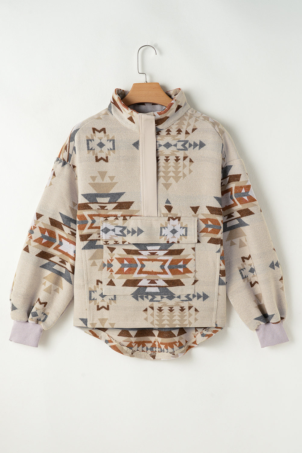 Apricot Aztec Print Collared Flap Pocket Sweatshirt