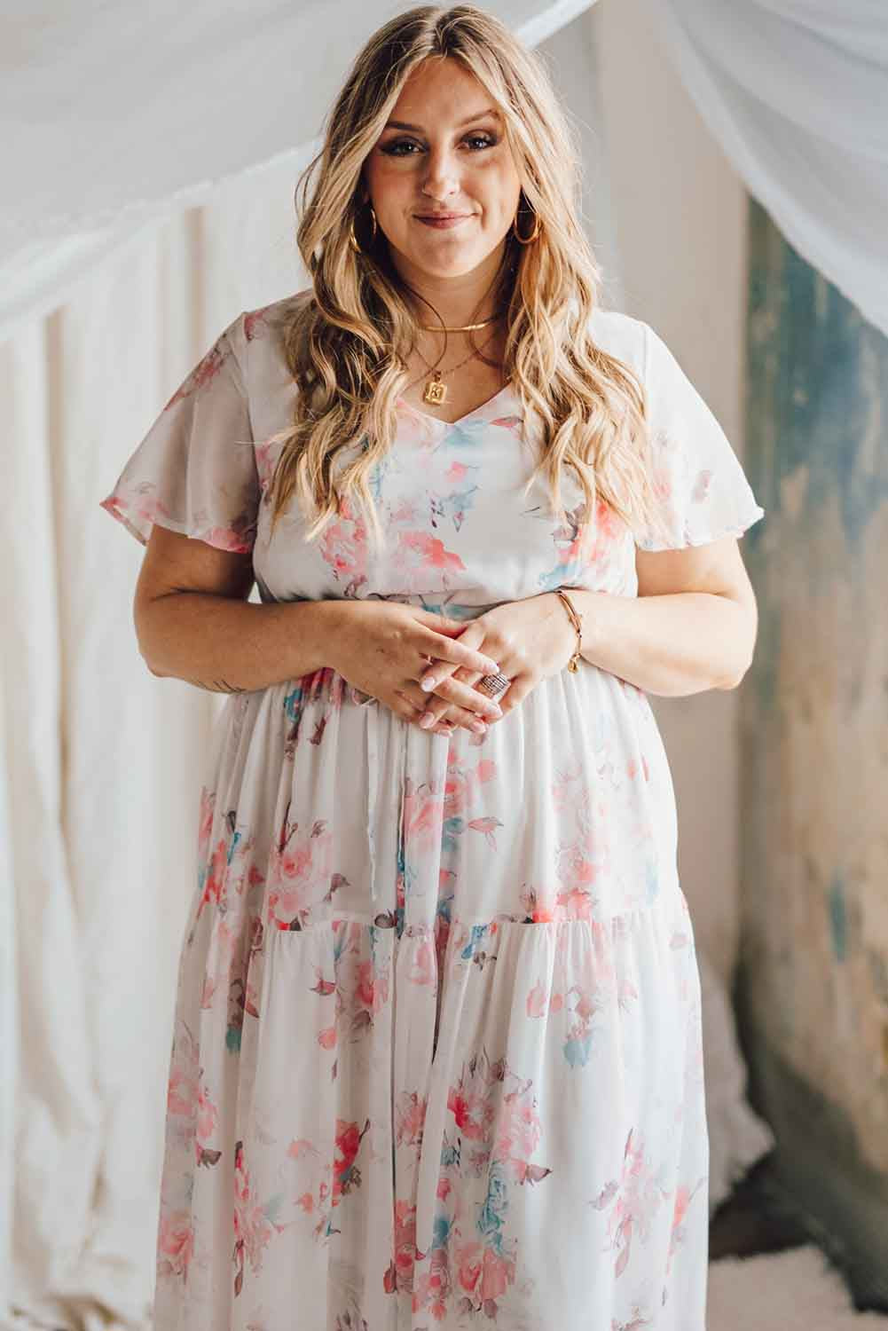 Floral Print Lace-up High Waist Plus Size Maxi Dress