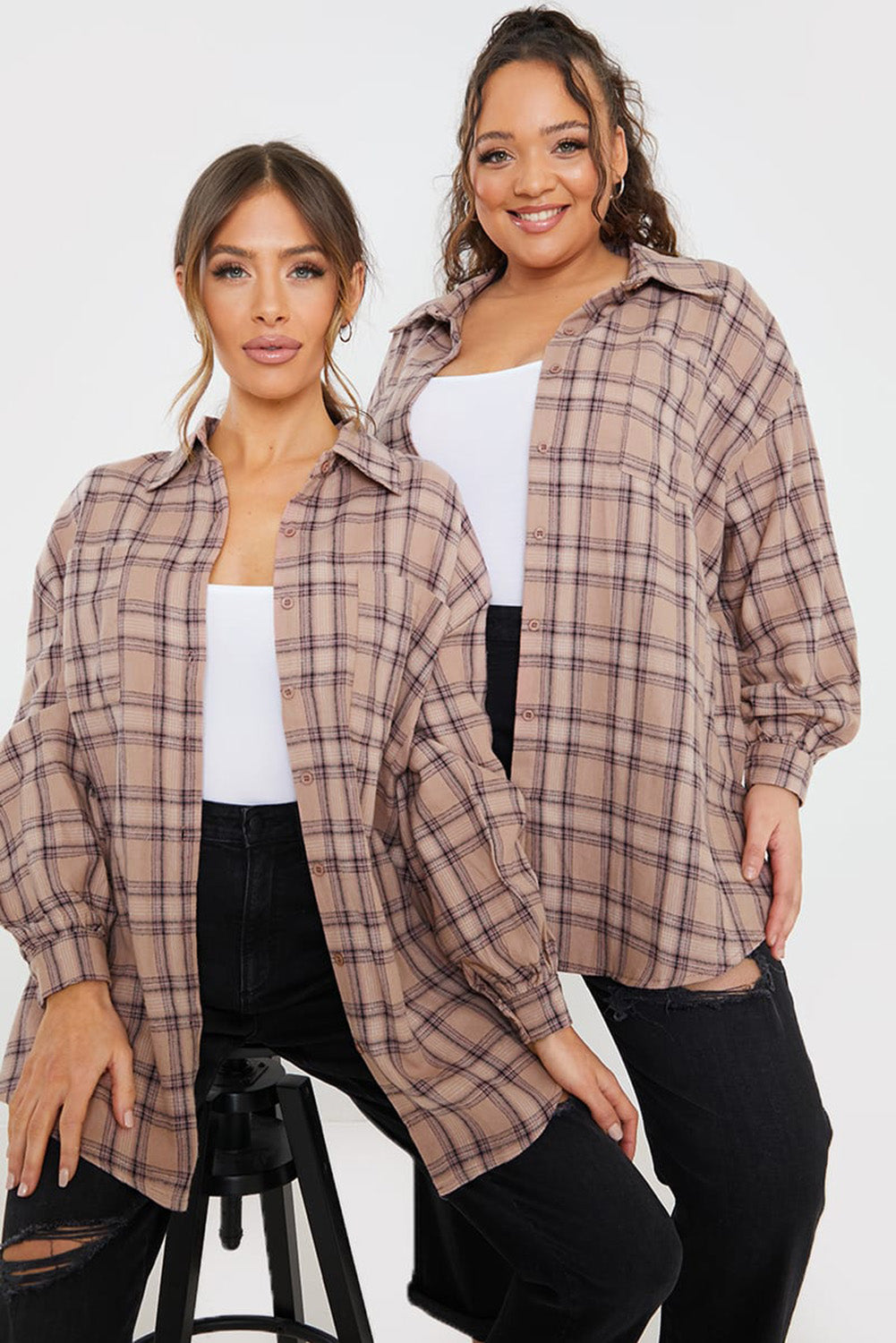 Plus Size Plaid Print Buttoned Oversized Tunic Shirt