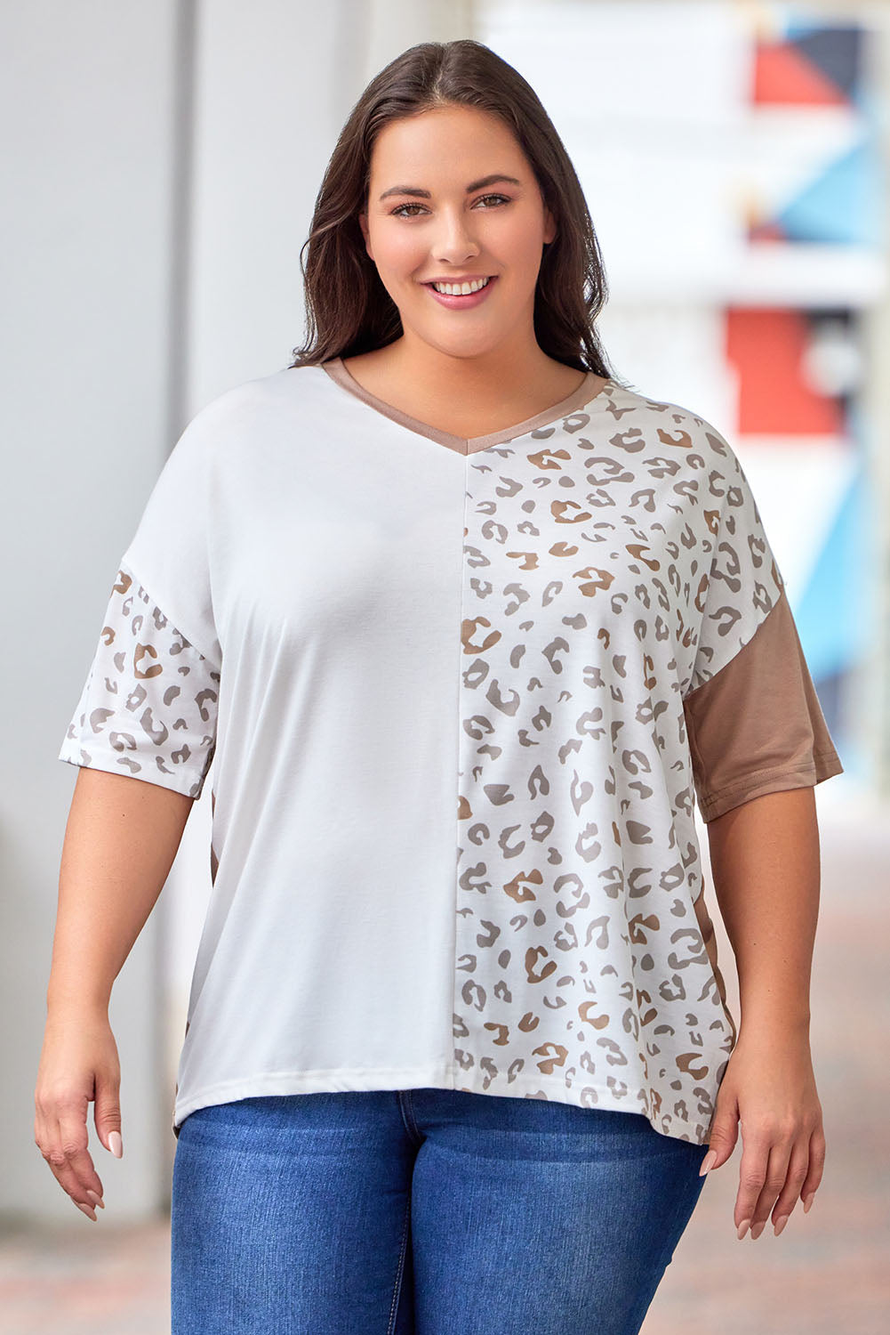 Leopard Patchwork Short Sleeve Plus Size Top