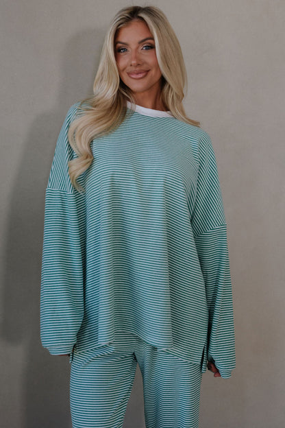 Pink Striped Drop Shoulder Long Sleeve Pant Set