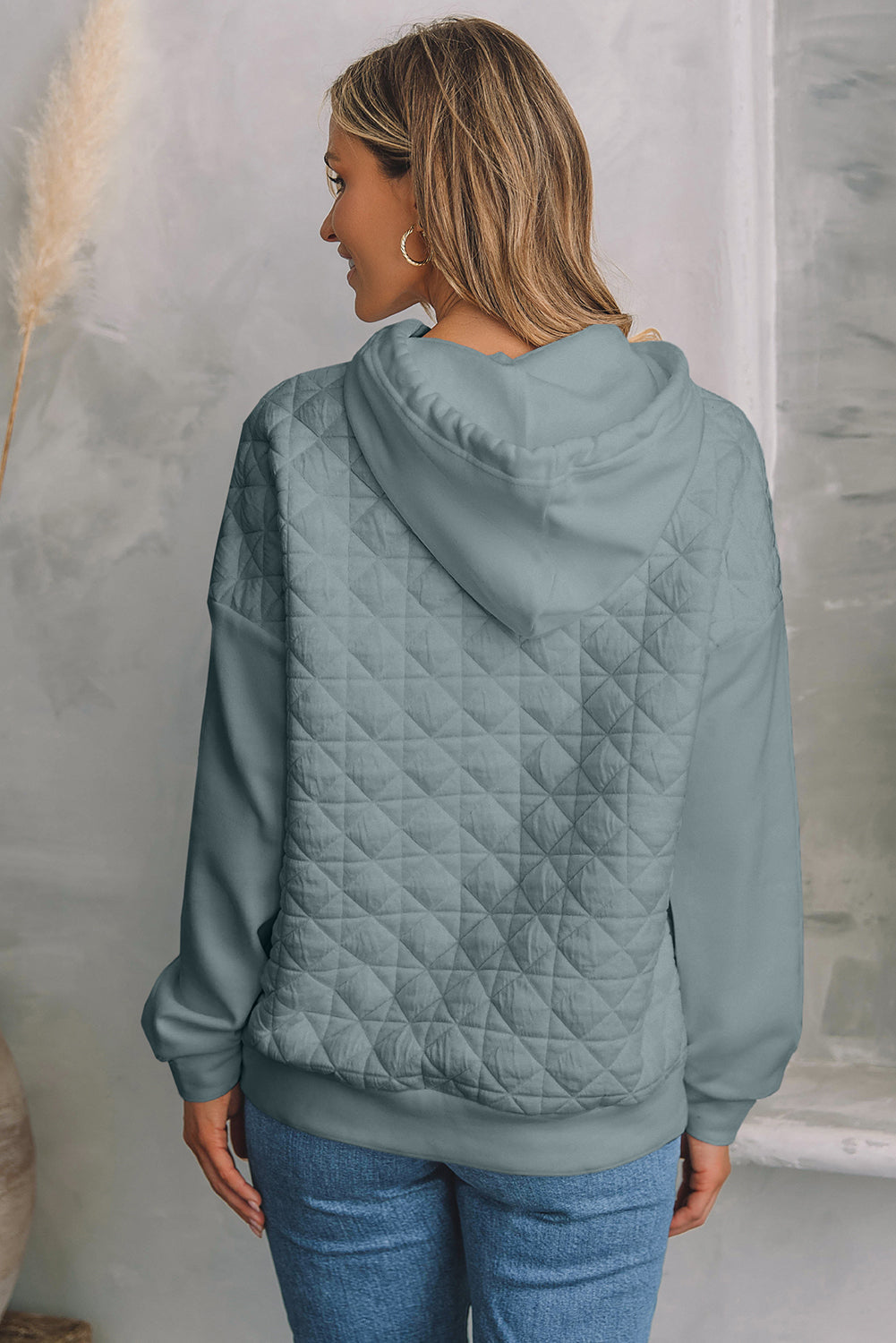 Blackish Green Plus Size Quarter Buttoned Pocketed Quilted Sweatshirt