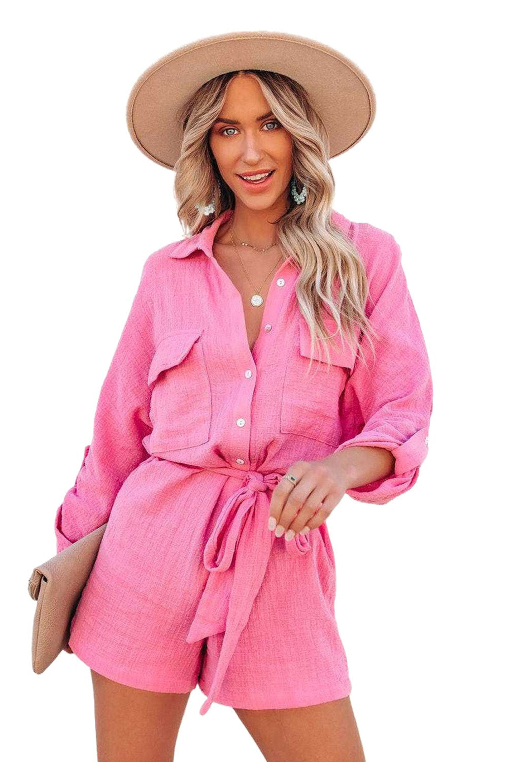 Roll Tab Sleeve Button Shirt Style Belted Romper