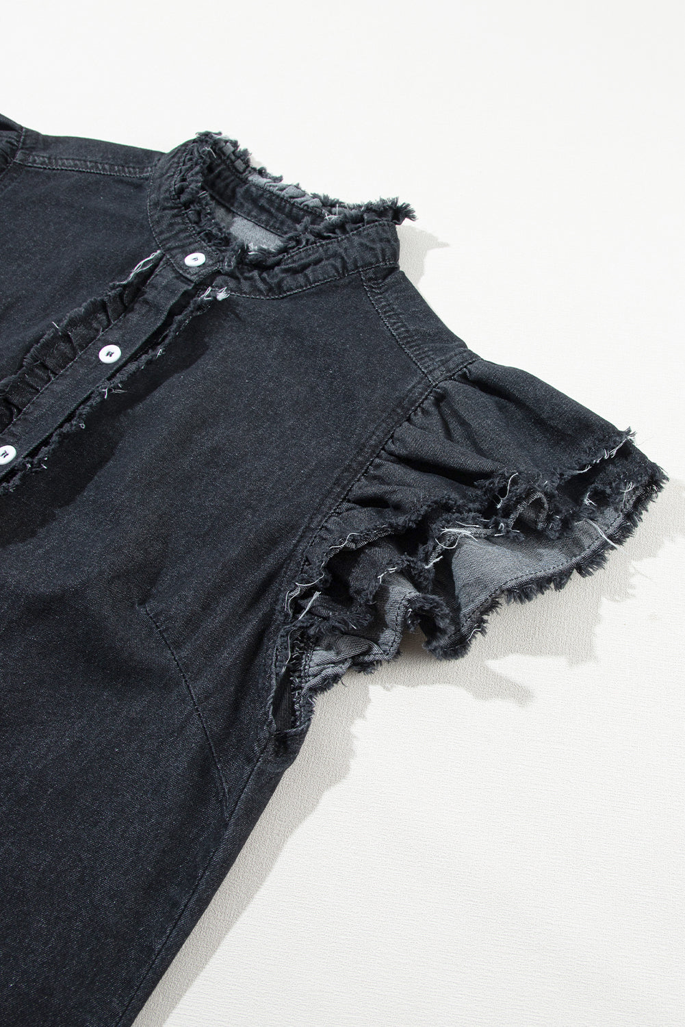 Black Button Front Ruffled Flutter Frayed Denim Top