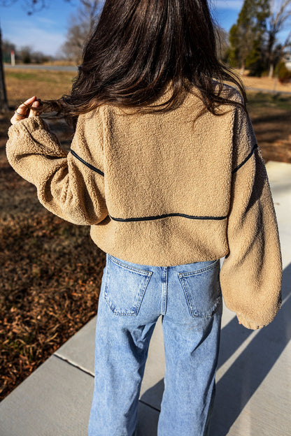 Parchment Drop Shoulder Collar Long Sleeve Fleece Regular Fit Jacket