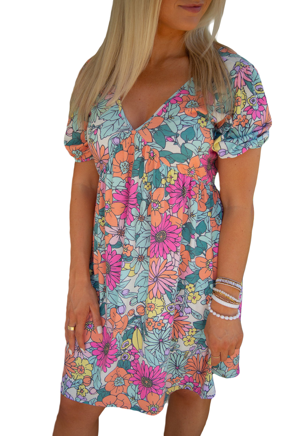 Multicolor Floral Print Tie Back Short Sleeve Dress