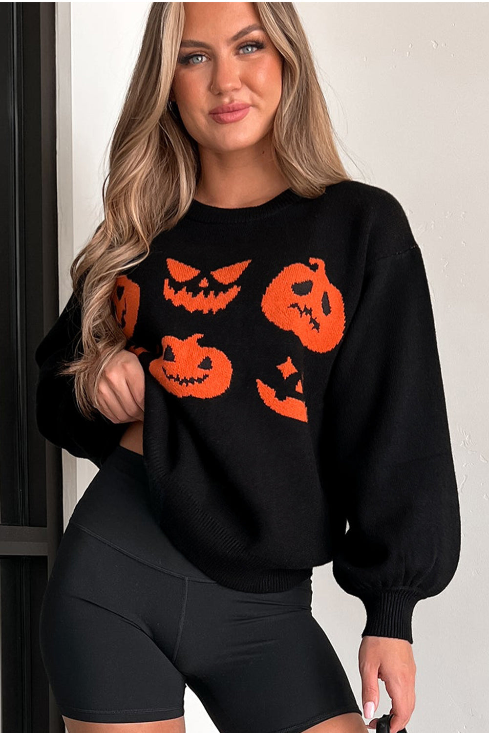 Black Halloween Pumpkin Face Pattern Drop Shoulder Sweater