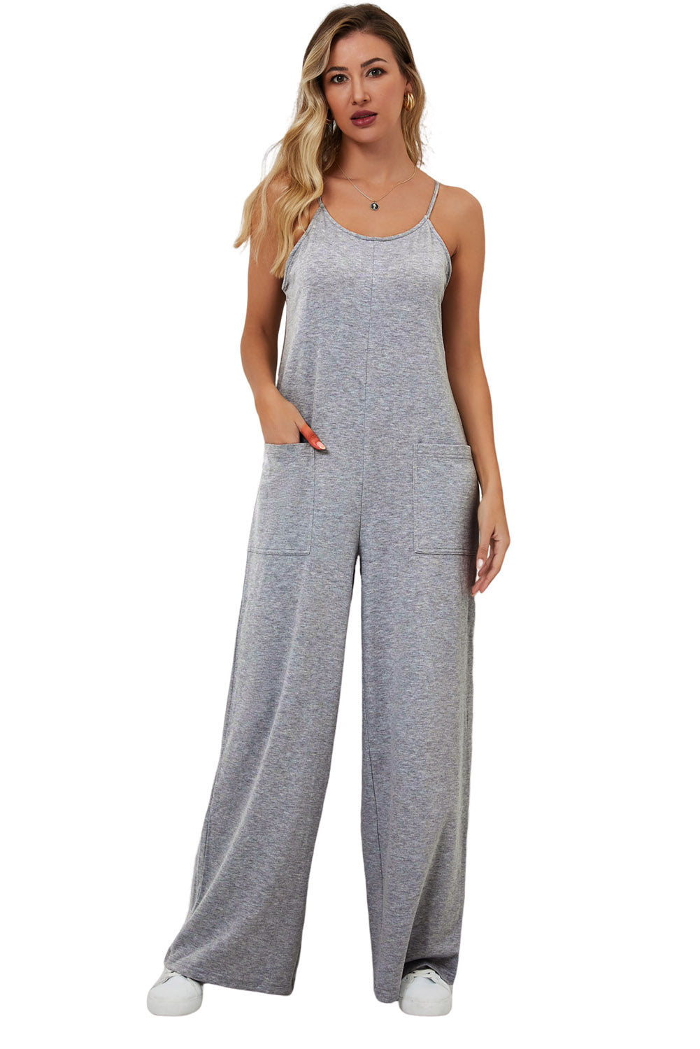 Gray Plus Size Solid Color Spaghetti Straps Wide Leg Jumpsuit