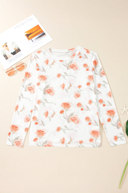 Red Plus Size Floral Print Sheer Mesh Long Sleeve Top