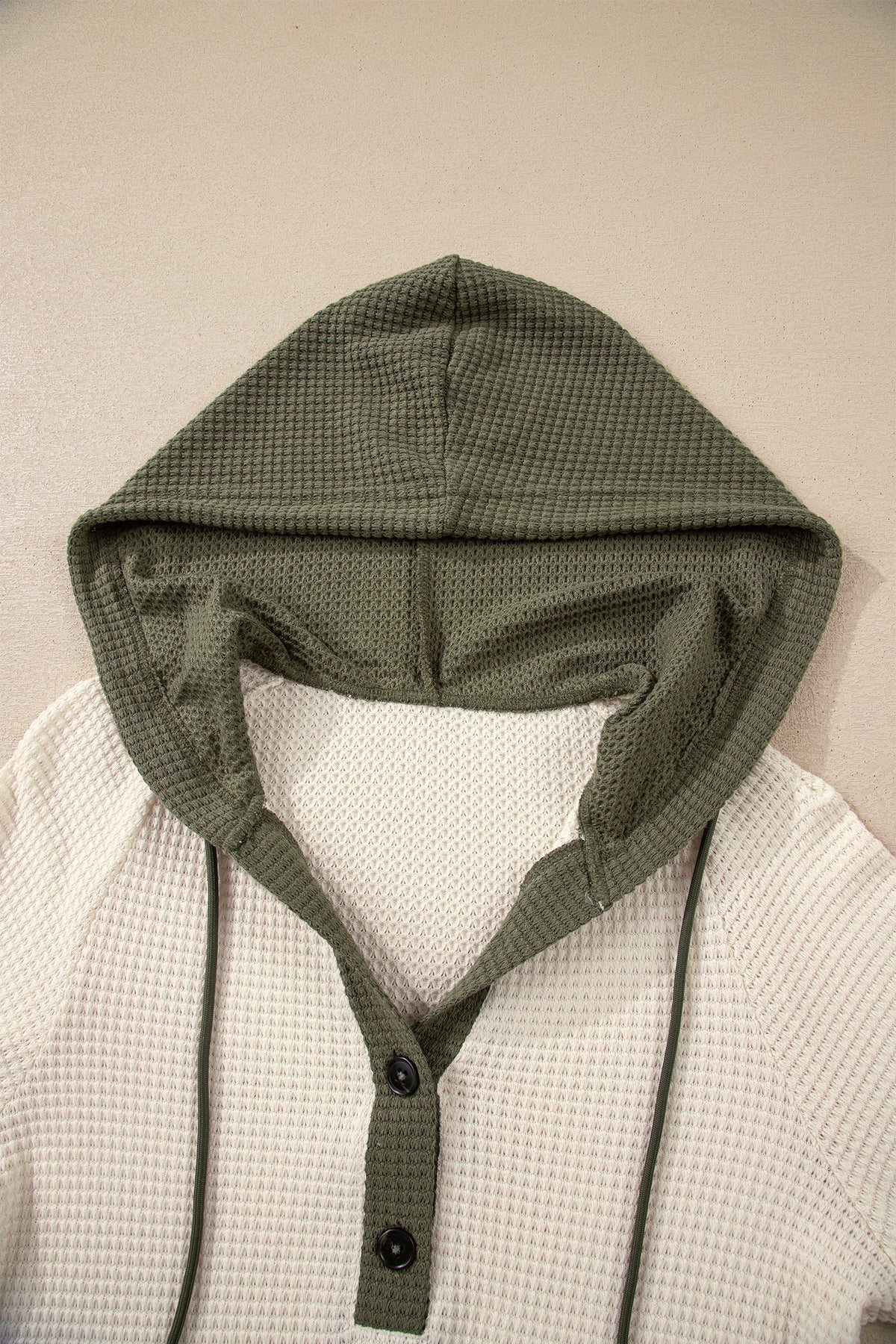 White Waffle Contrast Half Buttoned Hooded Pullover Top
