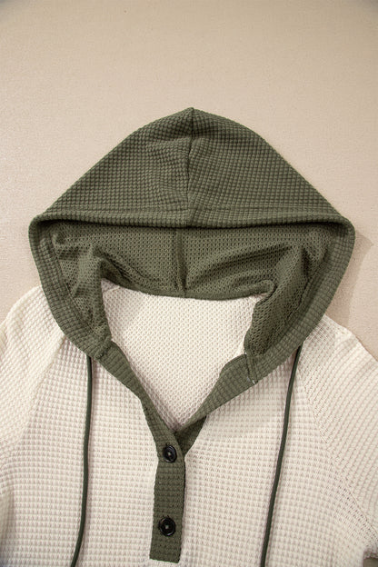 White Waffle Contrast Half Buttoned Hooded Pullover Top