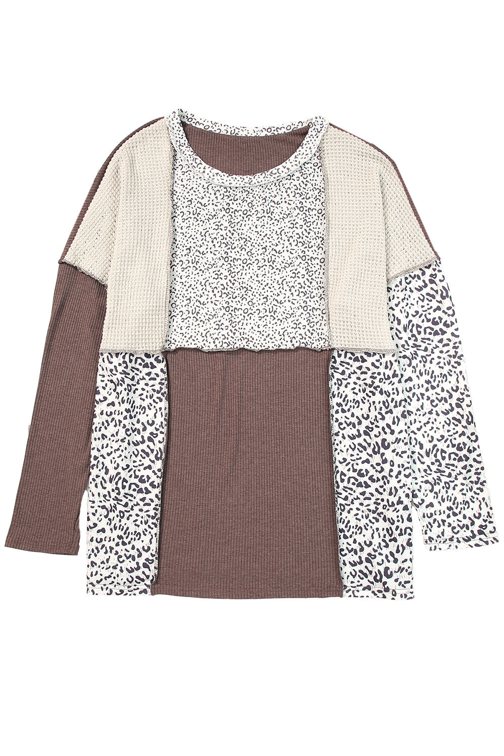 Brown Plus Size Leopard Waffle Ribbed Knit Patchwork Top