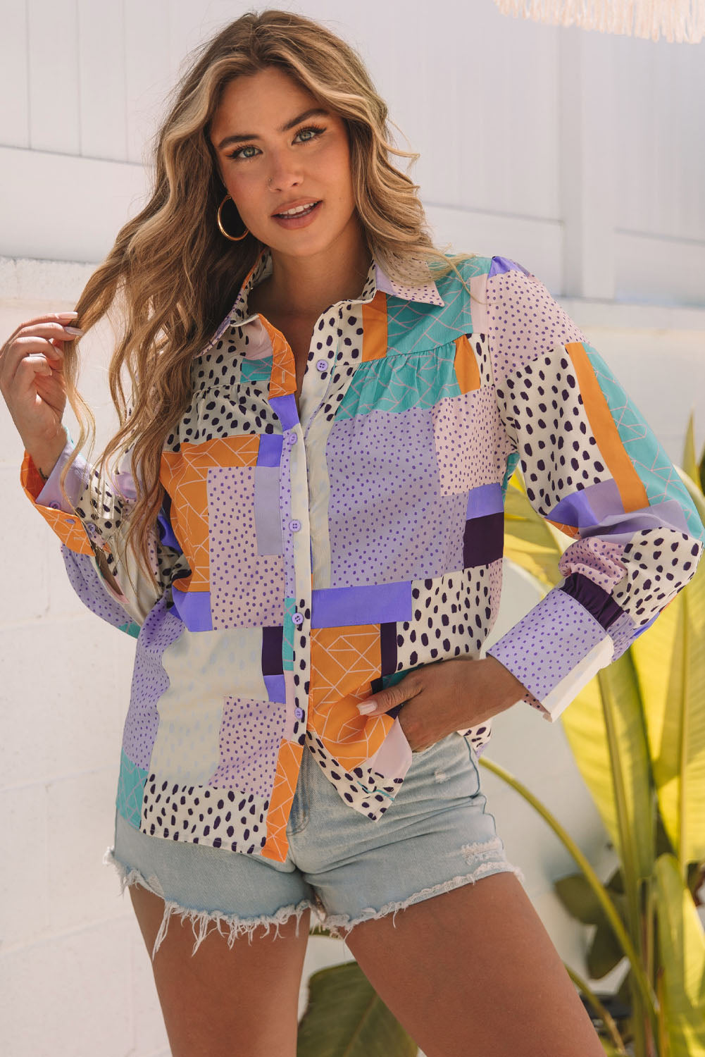 Multicolour Plus Size Mixed Print Buttoned Shirt