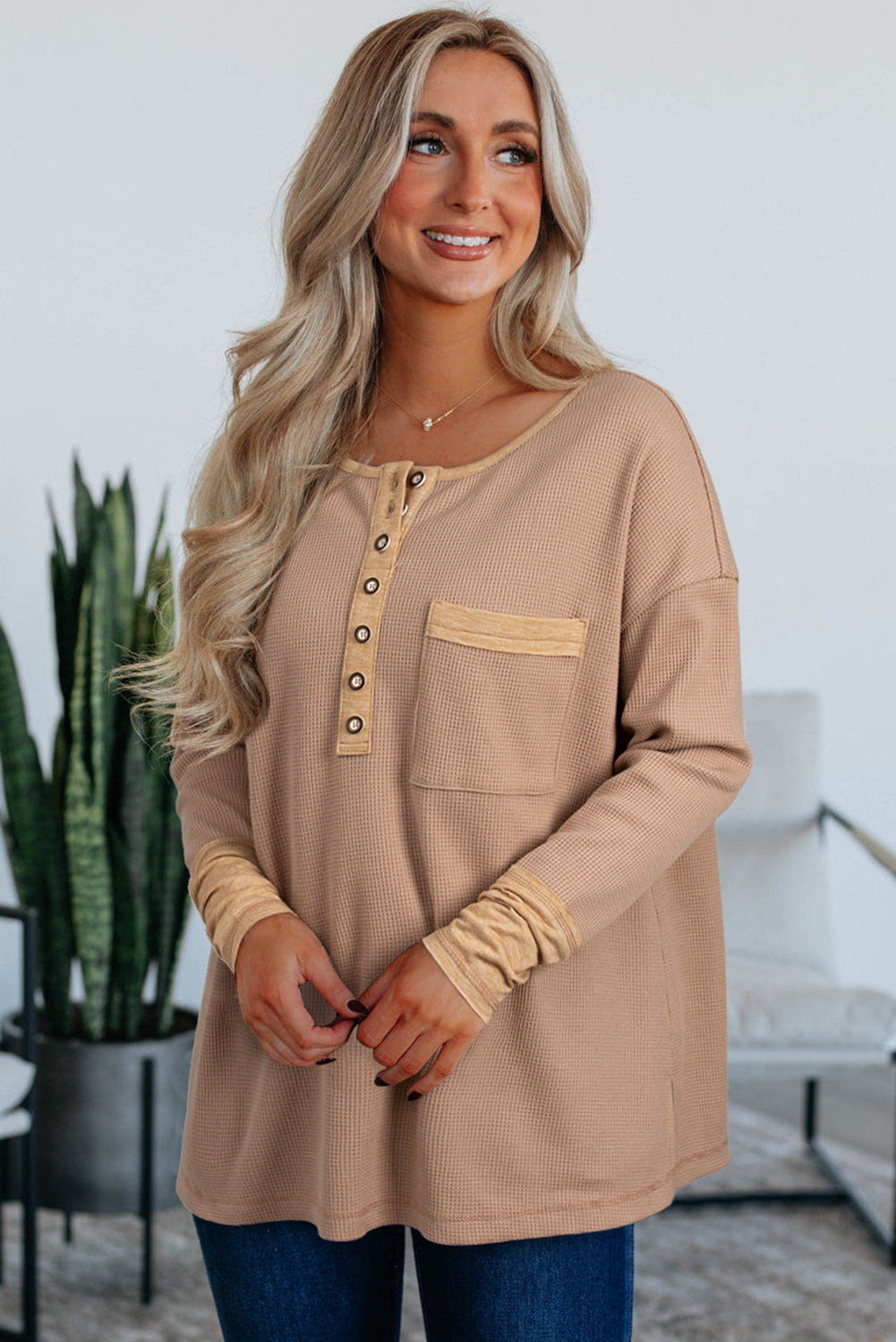 Vineyard Green Waffle Textured Patchwork Tunic Henley Top