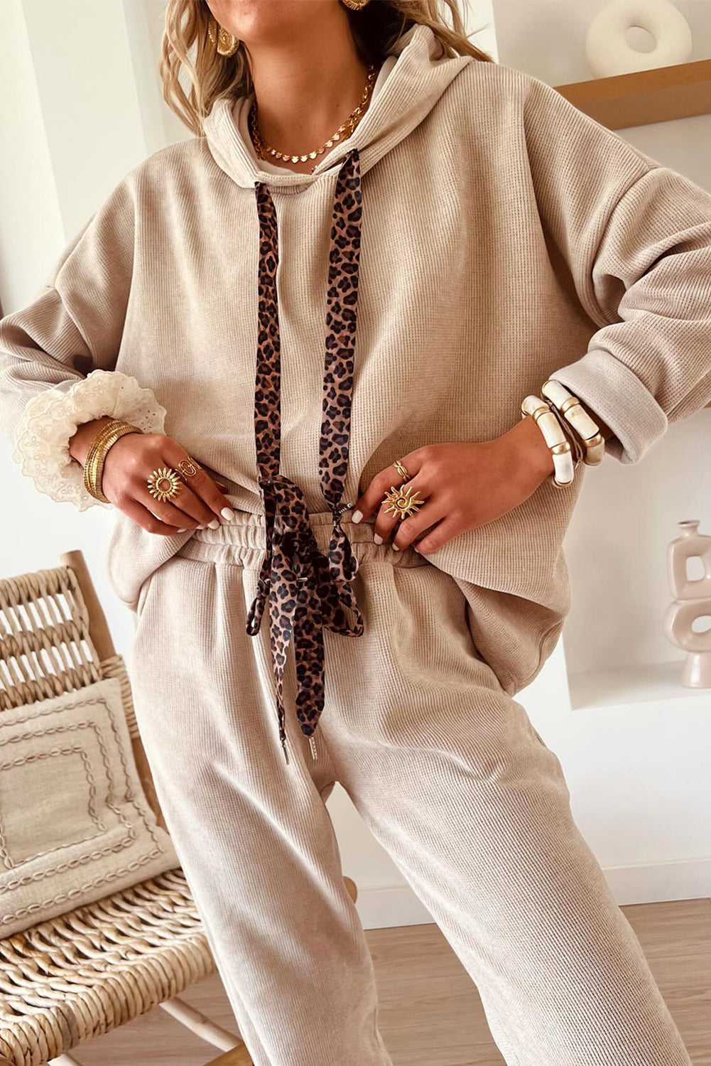 Dark Khaki Drawstring Pullover Hoodie and High Waist Pants Corduroy Suit