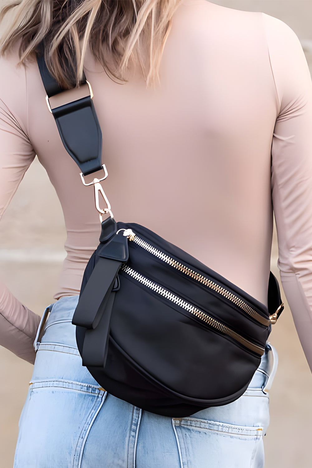 Dark Grey Wide Strap Zipper Crossbody Bag