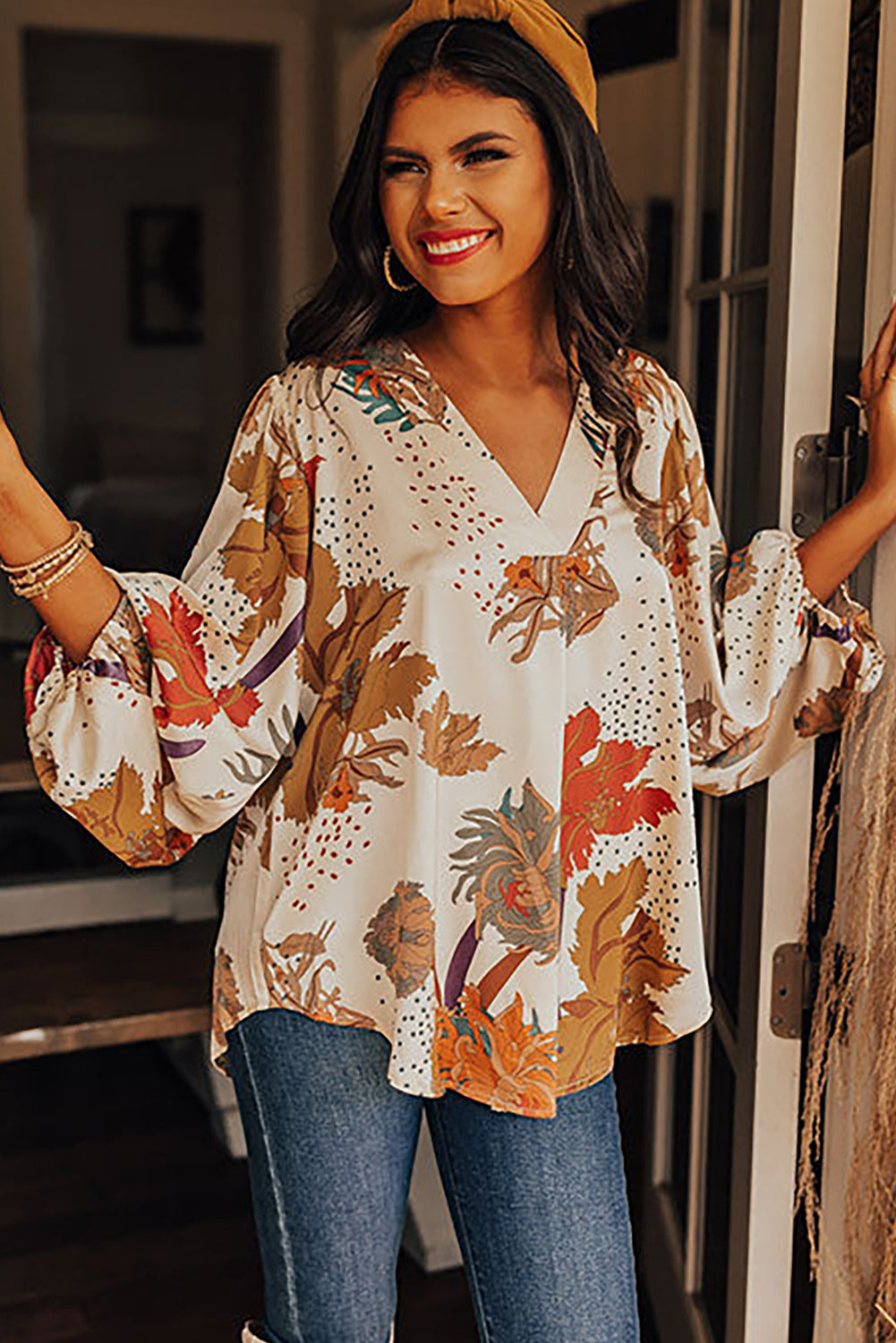 V Neck Loose Sleeve Floral Blouse