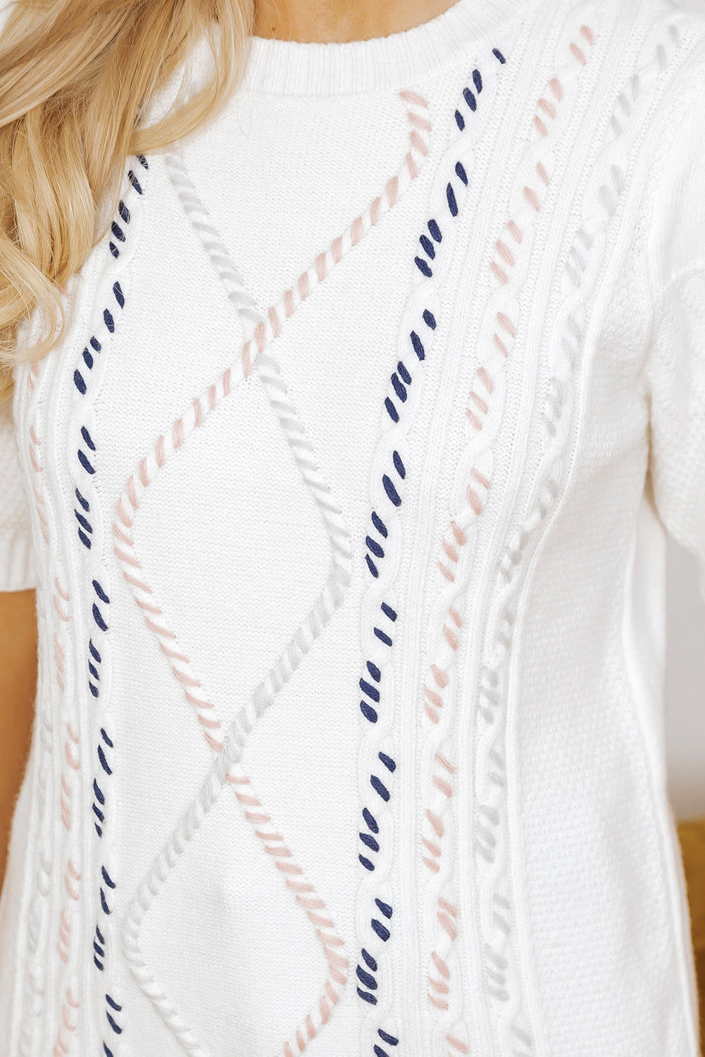 White Multicolor Stitch Detail Cable Knit Short Sleeve Sweater