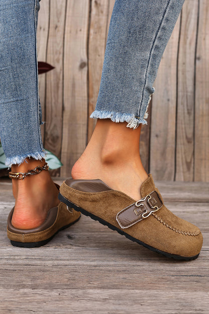 Khaki Faux Suede PU Leather Patchwork Retro Buckle Slip On Shoes