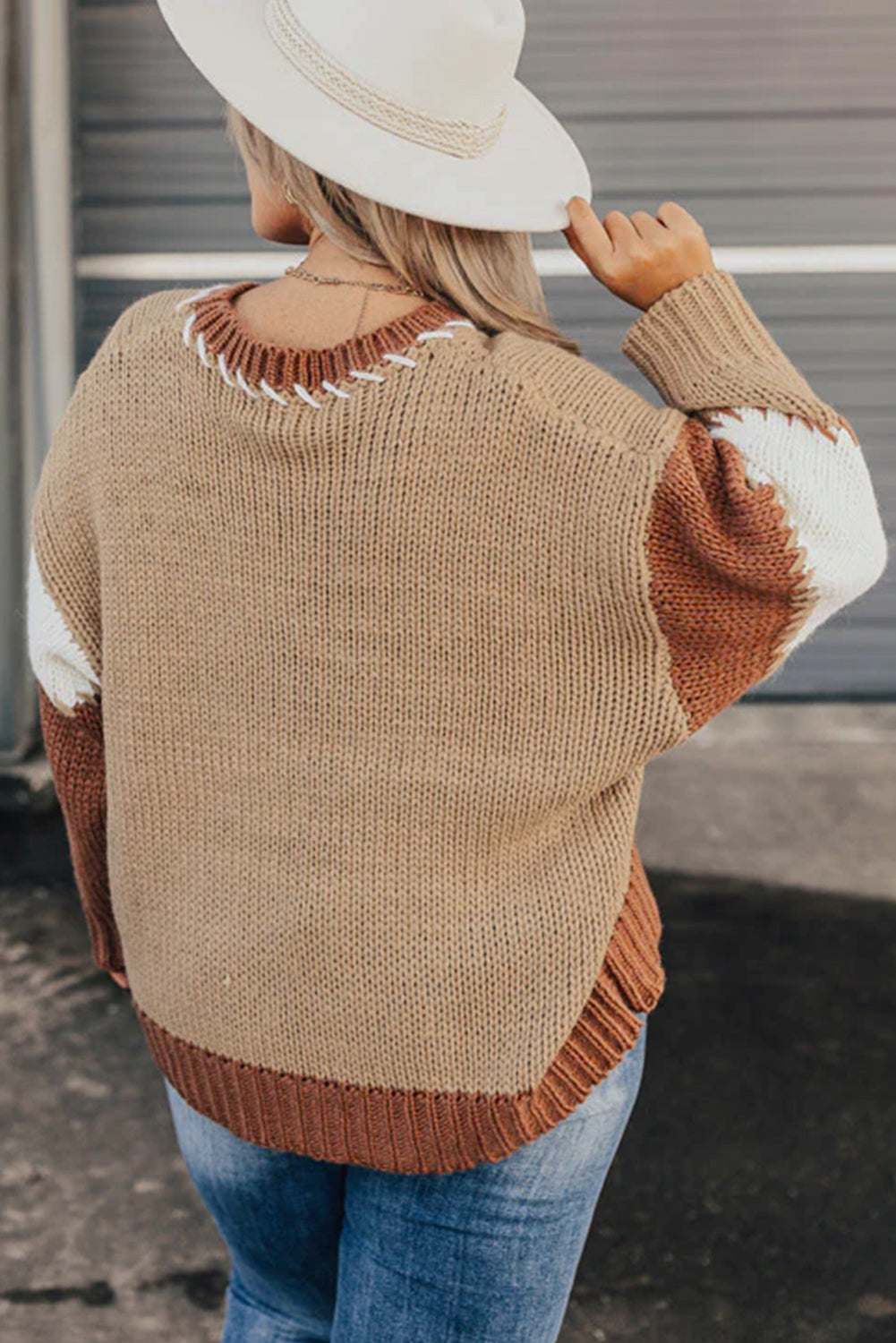 Light French Beige Contrast Stitch Detail Colorblock Knitted Plus Size Sweater