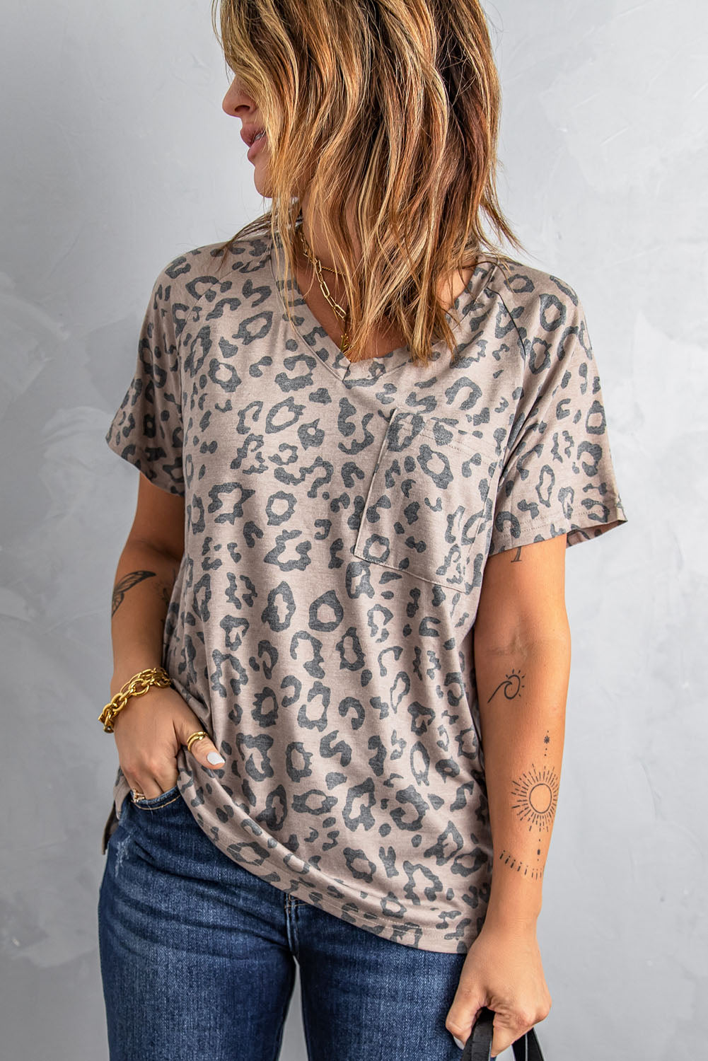 Leopard V Neck Front Pocket Tee