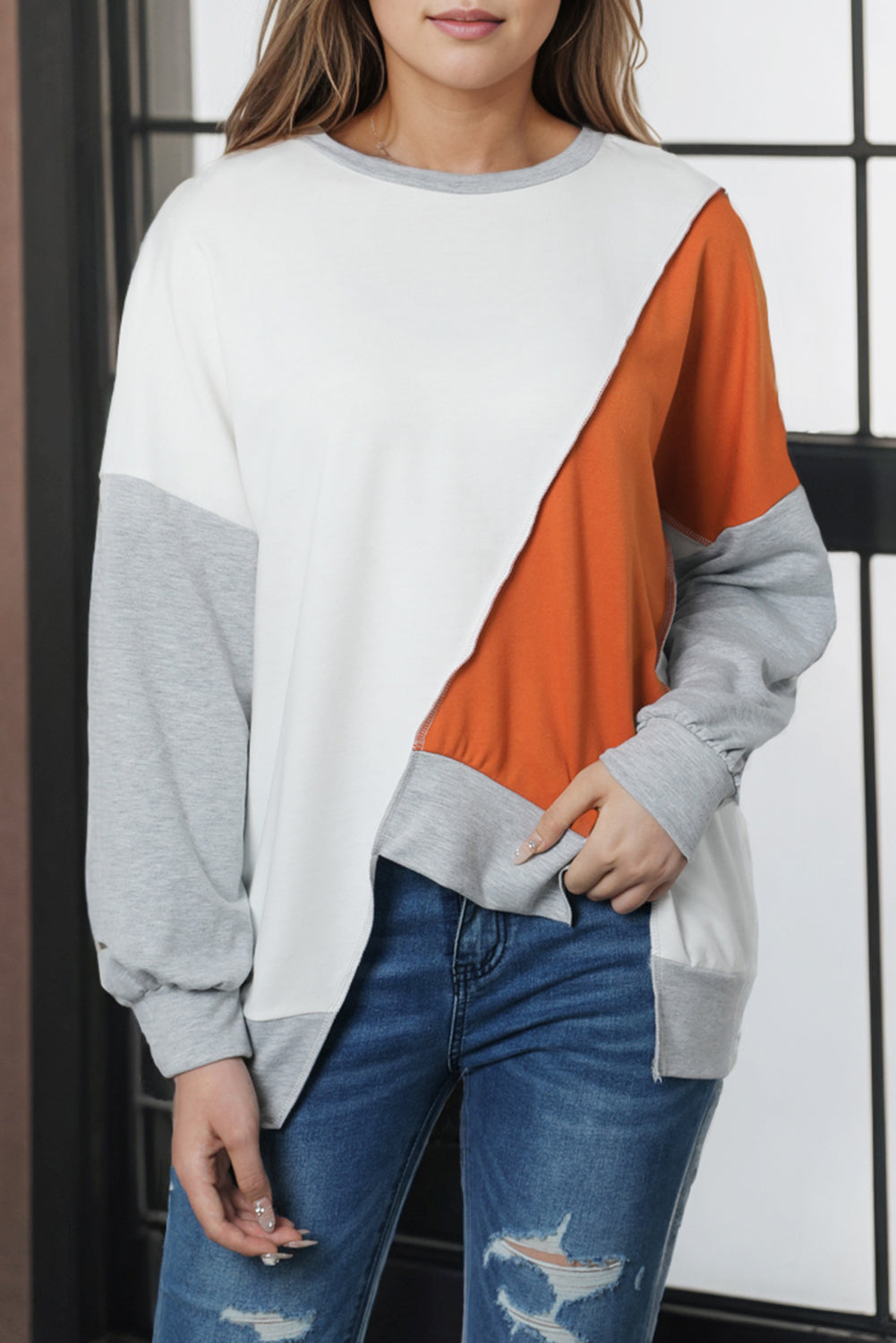 Flaxen Colorblock Stitching Irregular Hem Long Sleeve Top