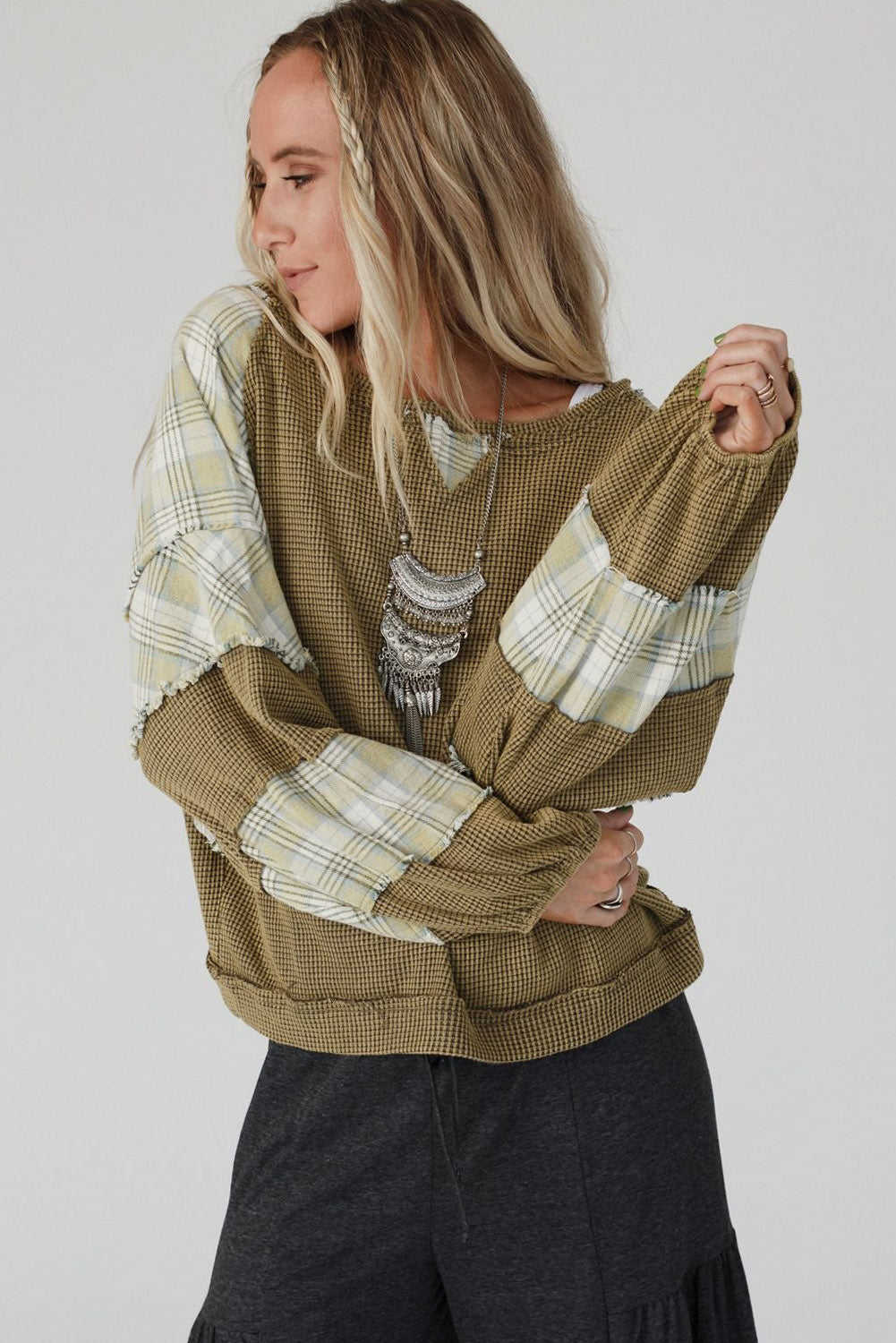 Green Plaid Patch Waffle Knit Exposed Seam Bubble Sleeve Top