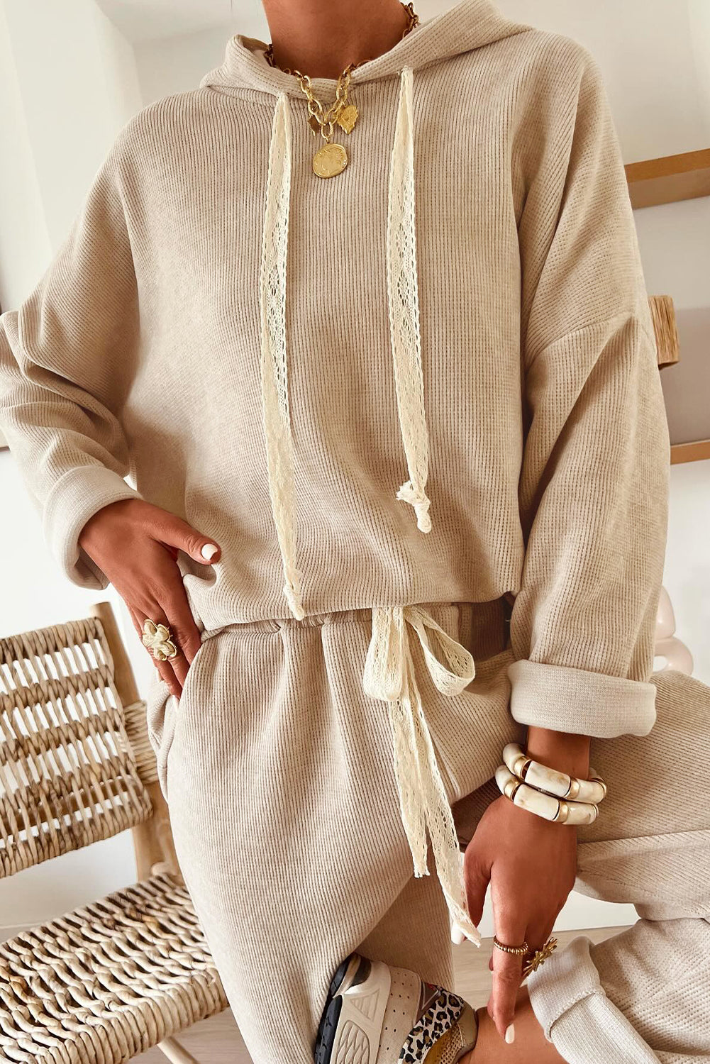 Dark Khaki Drawstring Pullover Hoodie and High Waist Pants Corduroy Suit