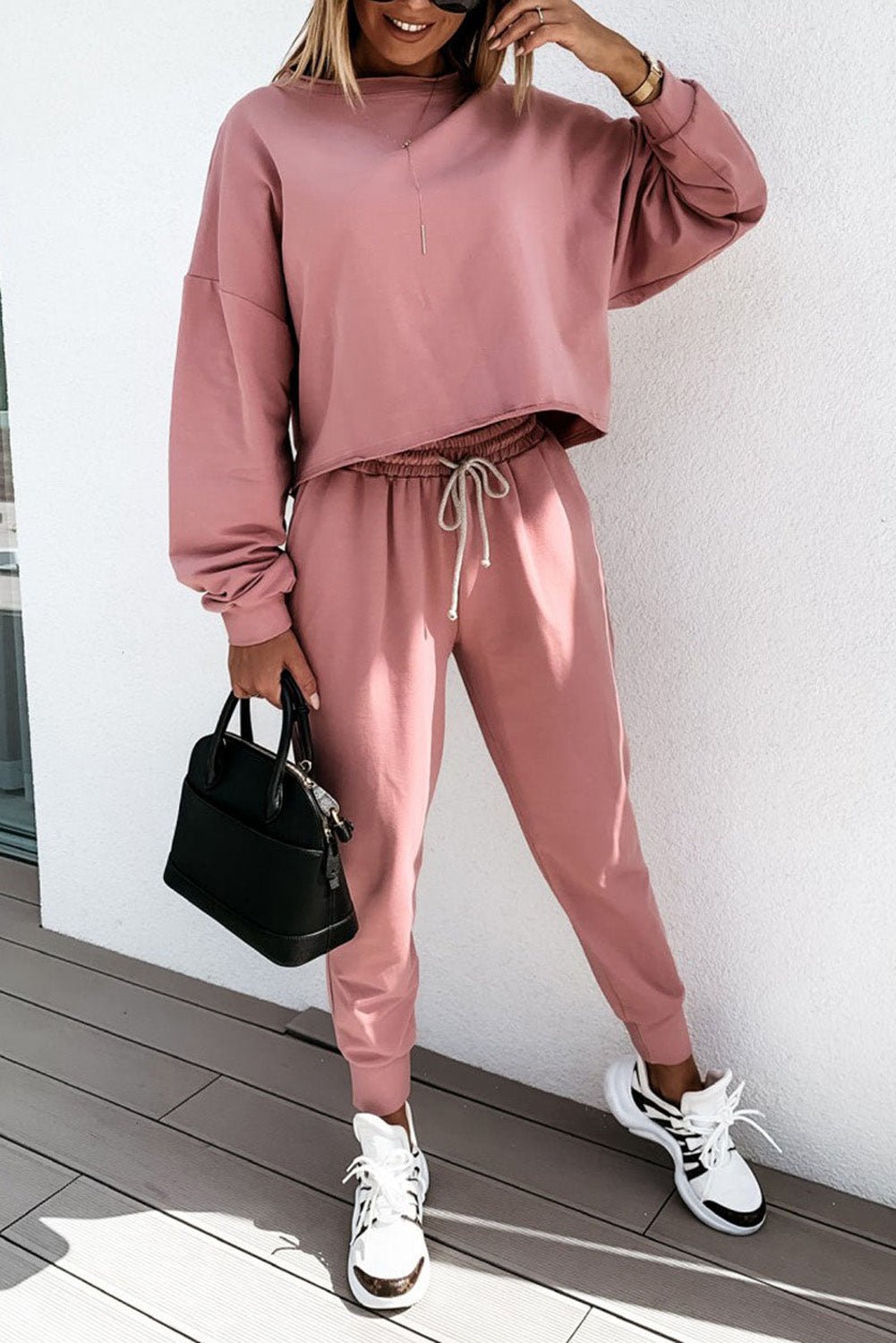 Pink Solid Sport Boxy Fit Pullover & Pants Outfit