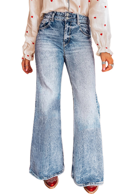 Sail Blue Acid Wash Pocket Detail Flare Jeans