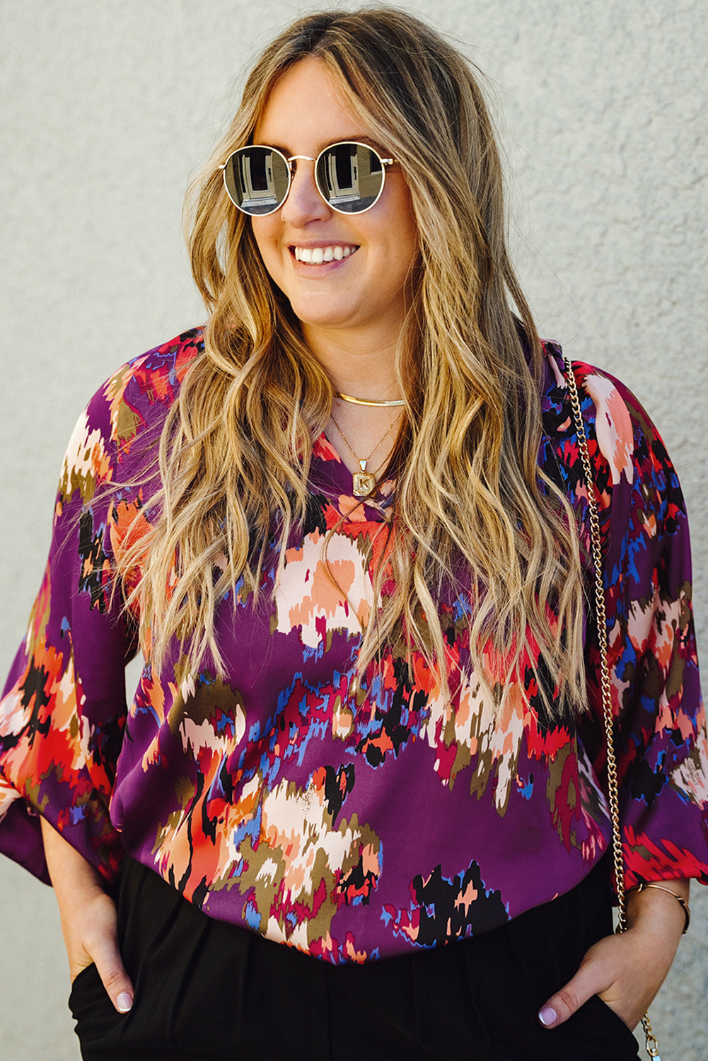 Plus Size Abstract Print V-Neck Long Sleeve Blouse