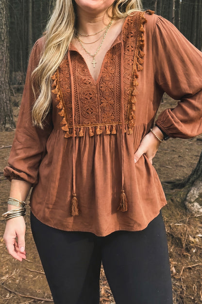 Chestnut Boho V Neck Embroidered Tassel Long Sleeve Plus Size Blouse