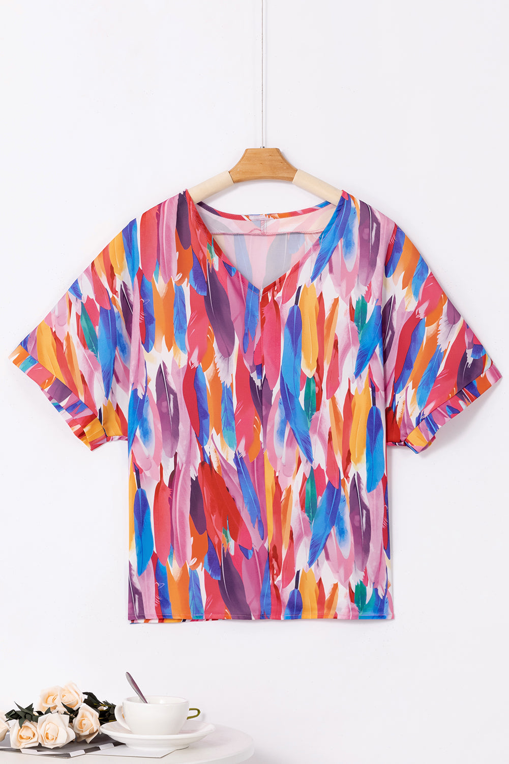 Multicolour Whimsical Feather Print V Neck Blouse