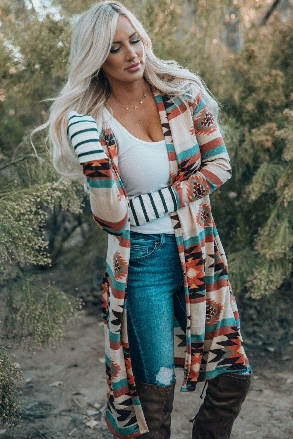 Multicolor Plus Size Geometric Print Open Front Long Cardigan