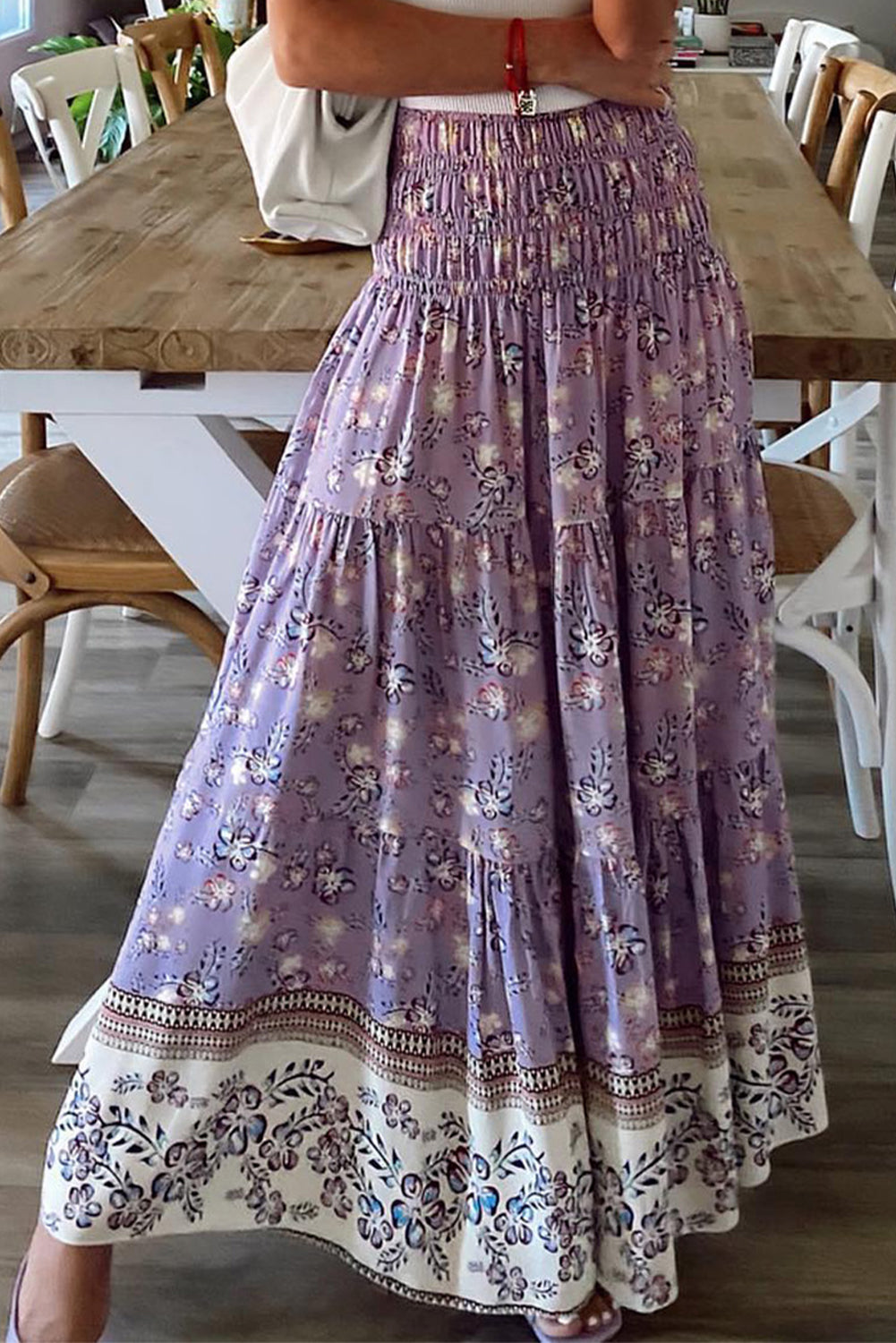 Floral Print Shirred High Waist Maxi Skirt