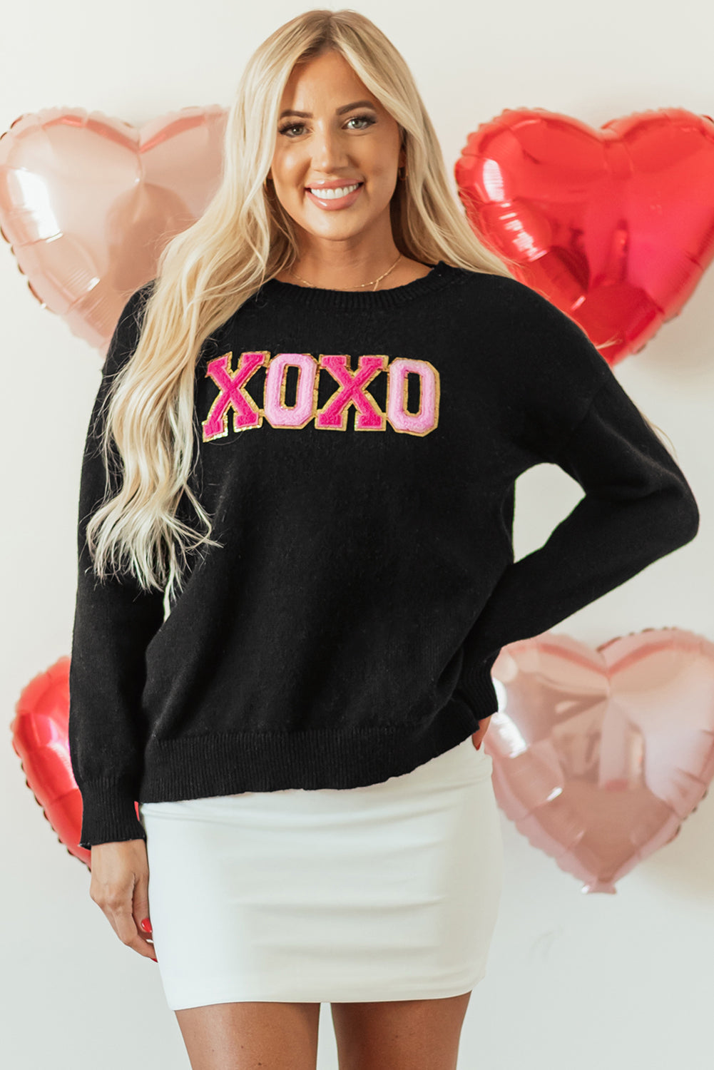 White XOXO Glitter Print Round Neck Casual Sweater