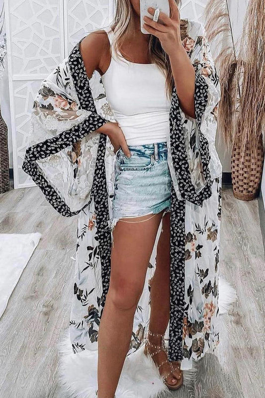 Floral Print Lace Patchwork Batwing Sleeve Duster Kimono