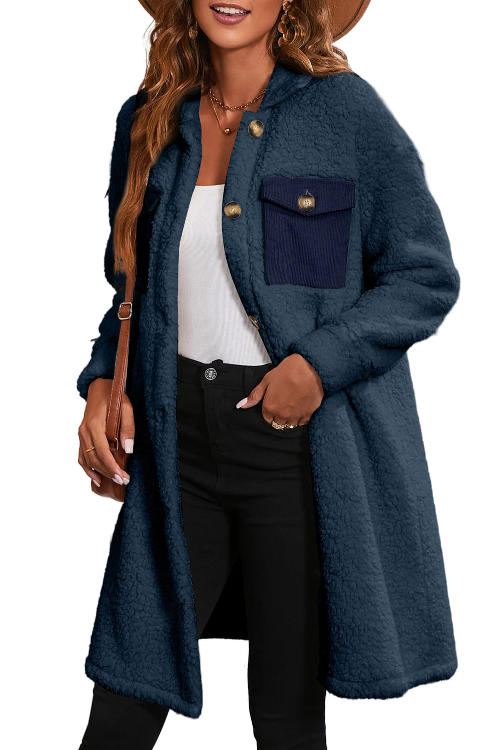 Blue Contrast Flap Pocket Single Breasted Teddy Coat