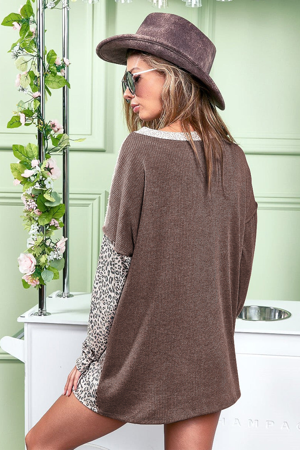 Brown Plus Size Leopard Waffle Ribbed Knit Patchwork Top