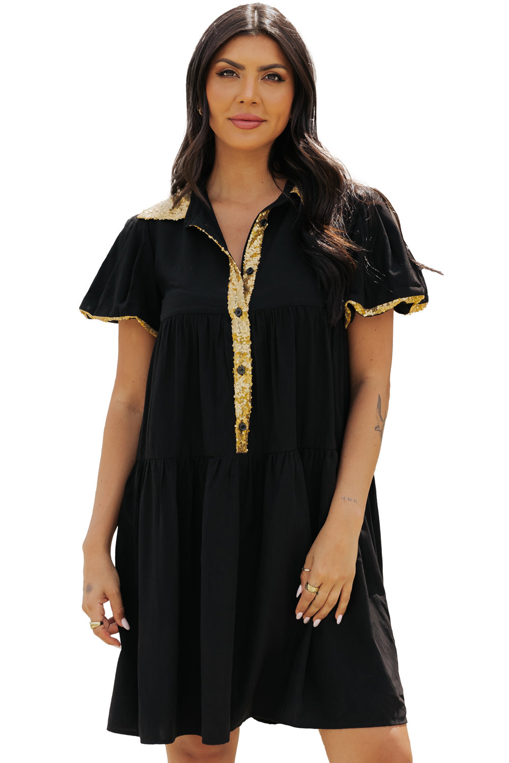 Black Sequin Trim Bubble Sleeve Game Day Shirt Dress