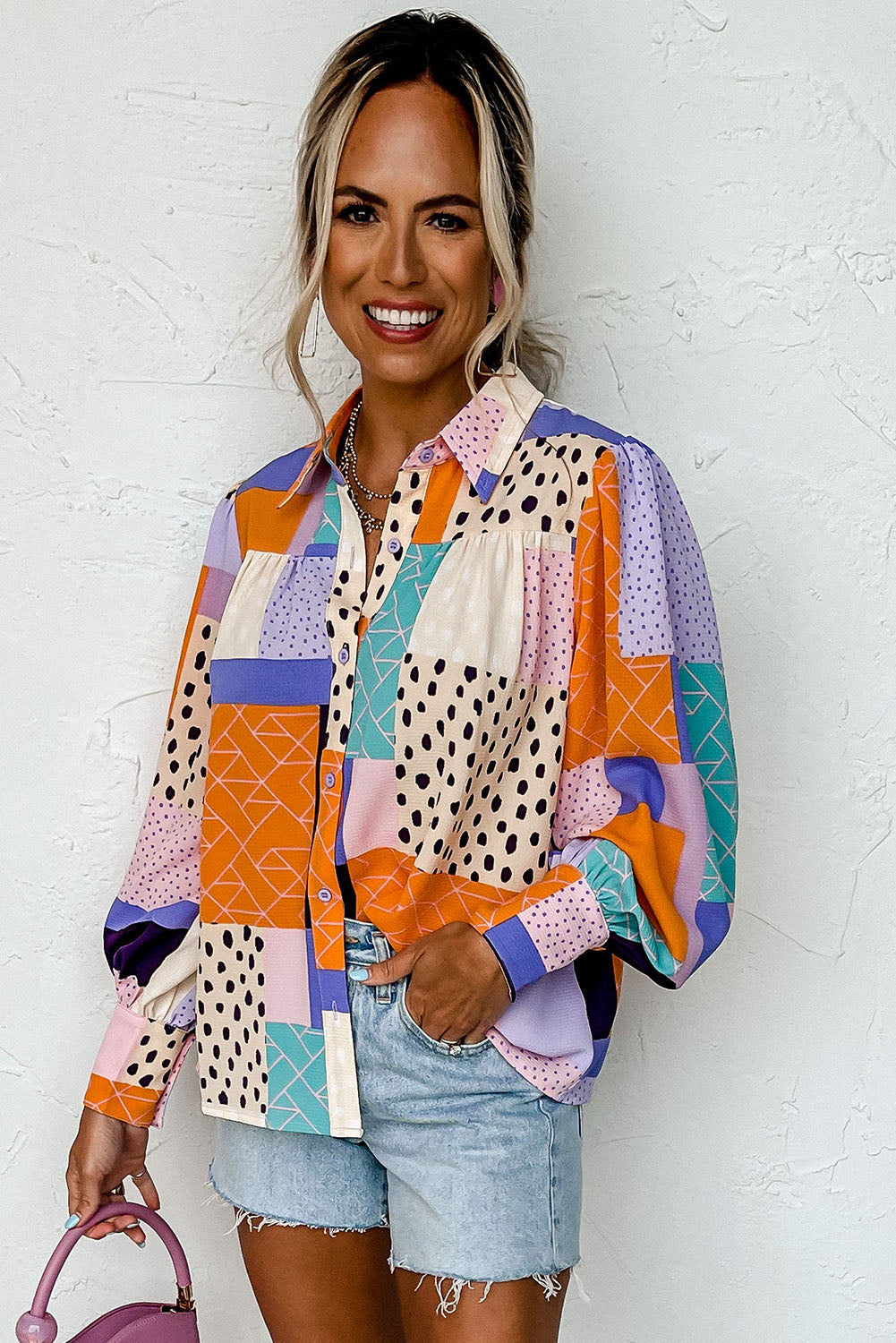 Multicolour Plus Size Mixed Print Buttoned Shirt