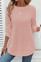 White Rounded Hem Waffle Plain Long Sleeve Top