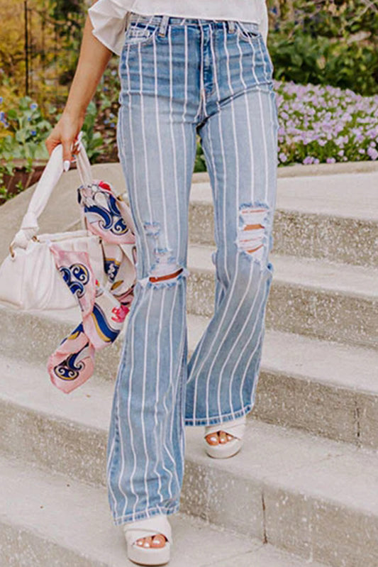 Vertical Striped Ripped Flare Jeans