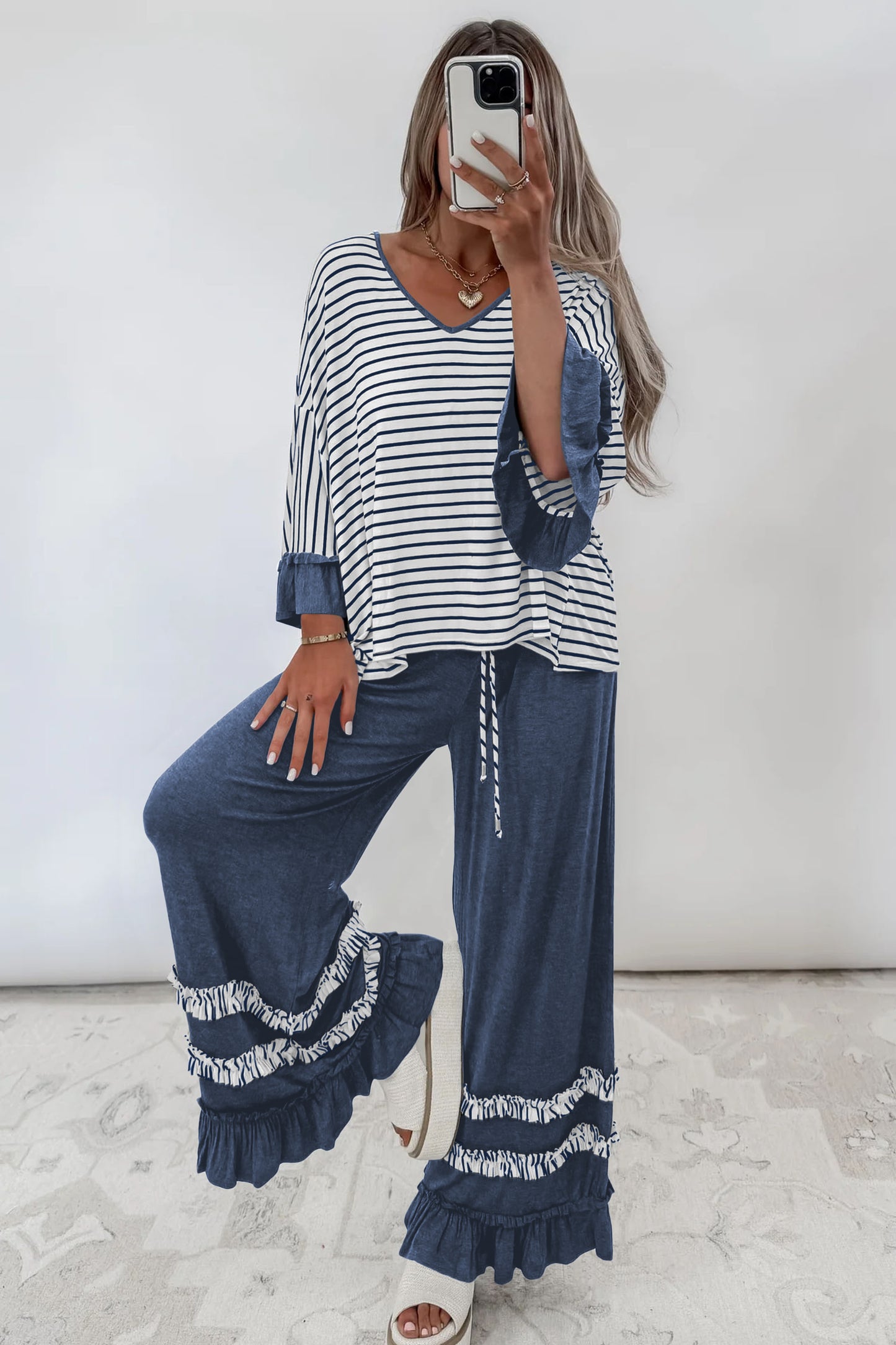 Gray Stripe V Neck Ruffle Contrast Sleeve Drawstring Pants 2pcs Set
