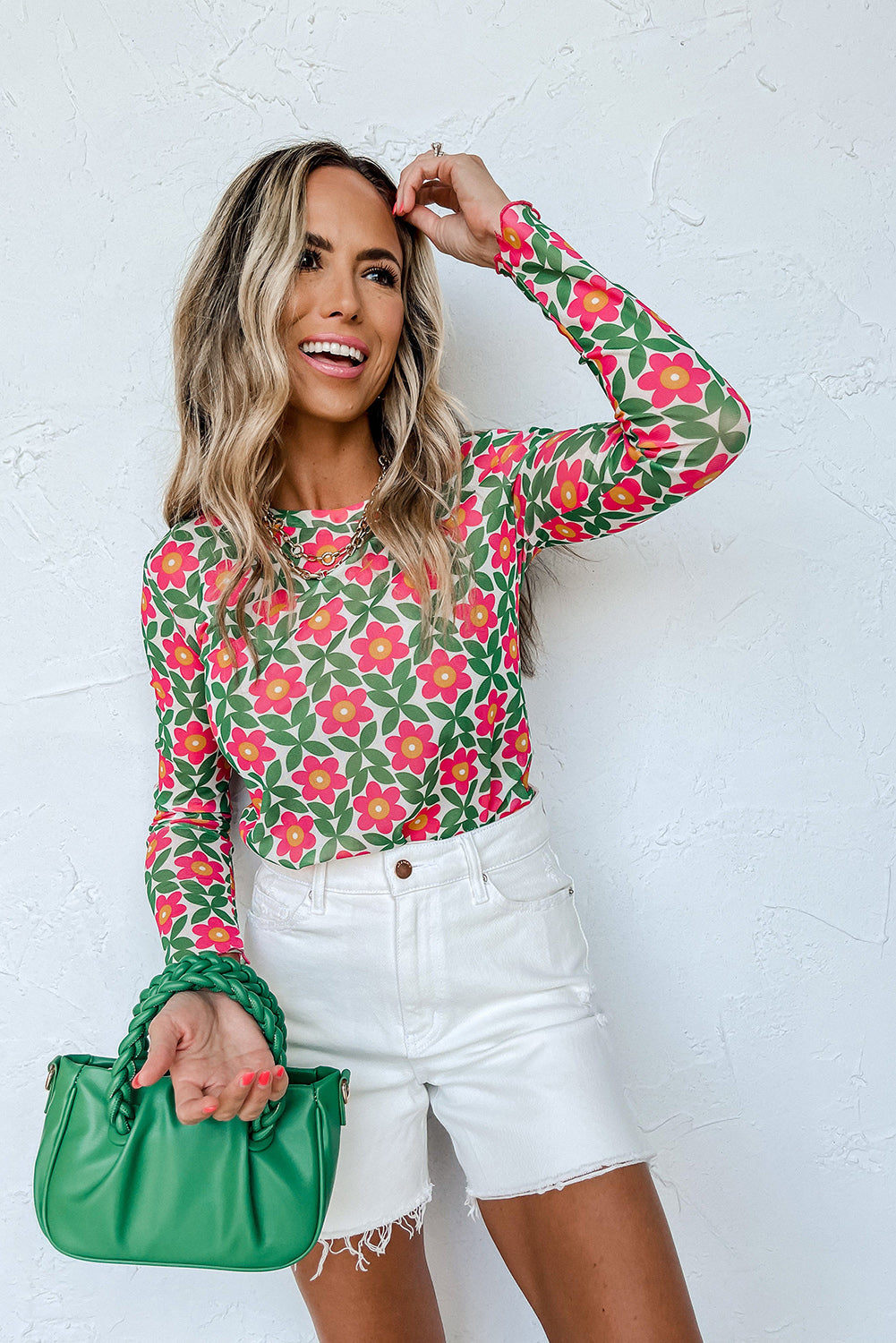 Retro Floral Print Stretchy Long Sleeve Top